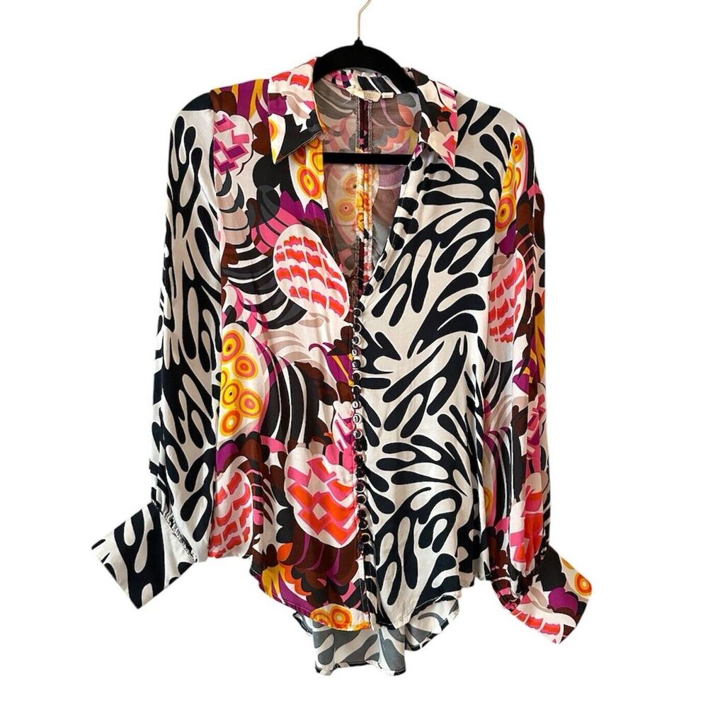Anthropologie Let Me Be Floral Blouse Size S Abstract Cut-Out Button Detail Bold